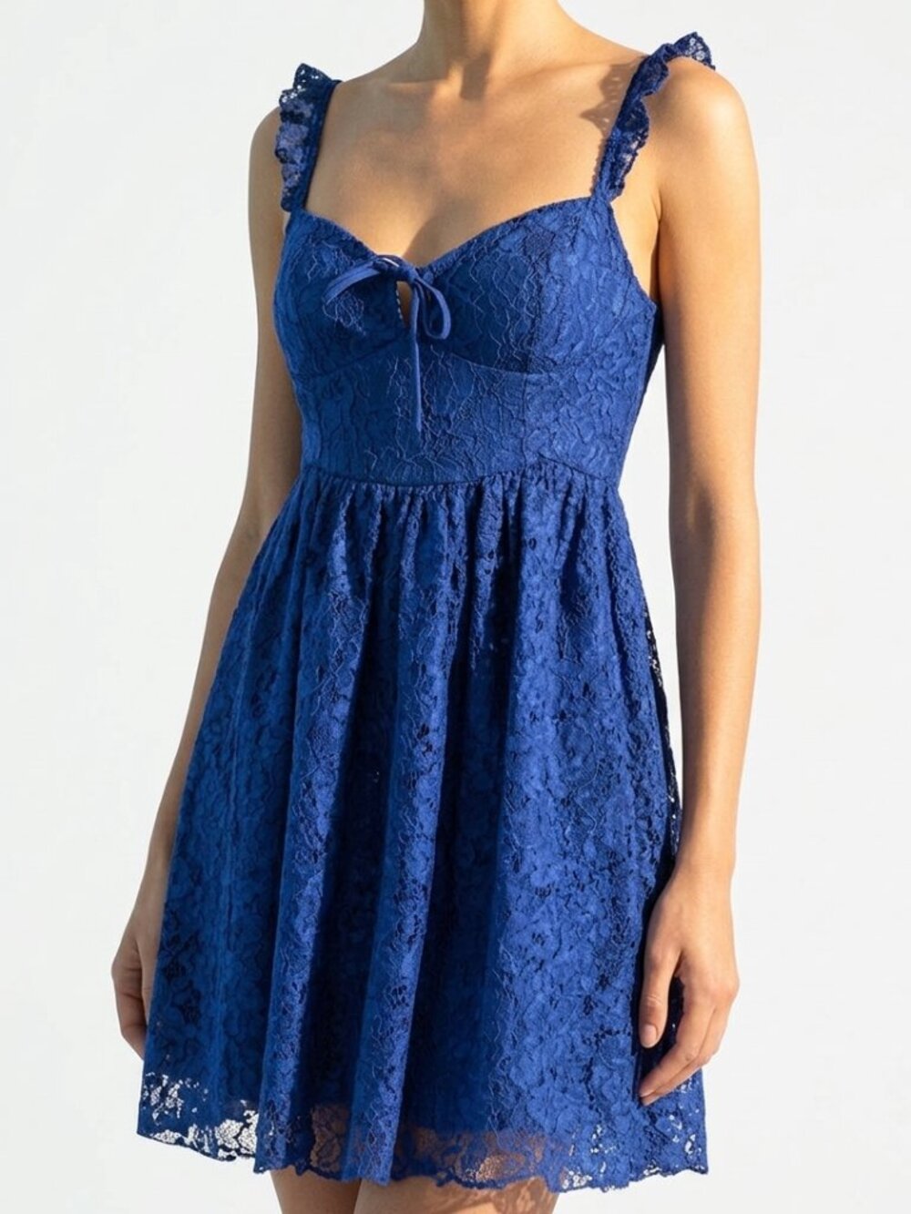 Anthropologie Cobalt Blue Ruffle Strap Corset Lace Mini Dress Size M